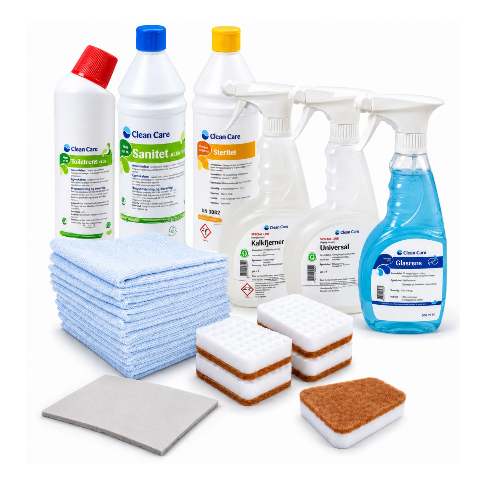 Rengøring Basispakke. Mikrofiberklude, glasrens, Toiletrens, kalkfjerner m.m.